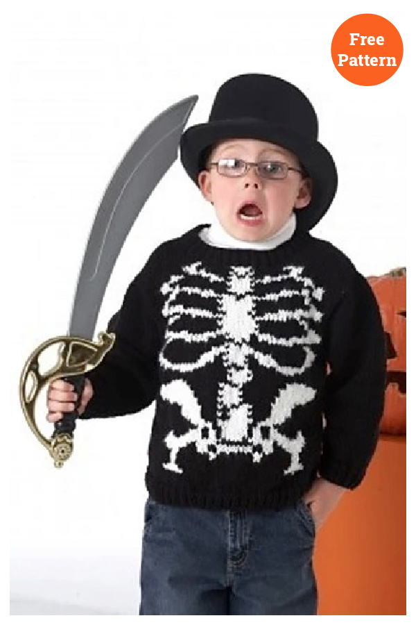 Halloween Jack-O'-Lantern and Skull and Crossbones Kids Sweater Free Knitting Pattern